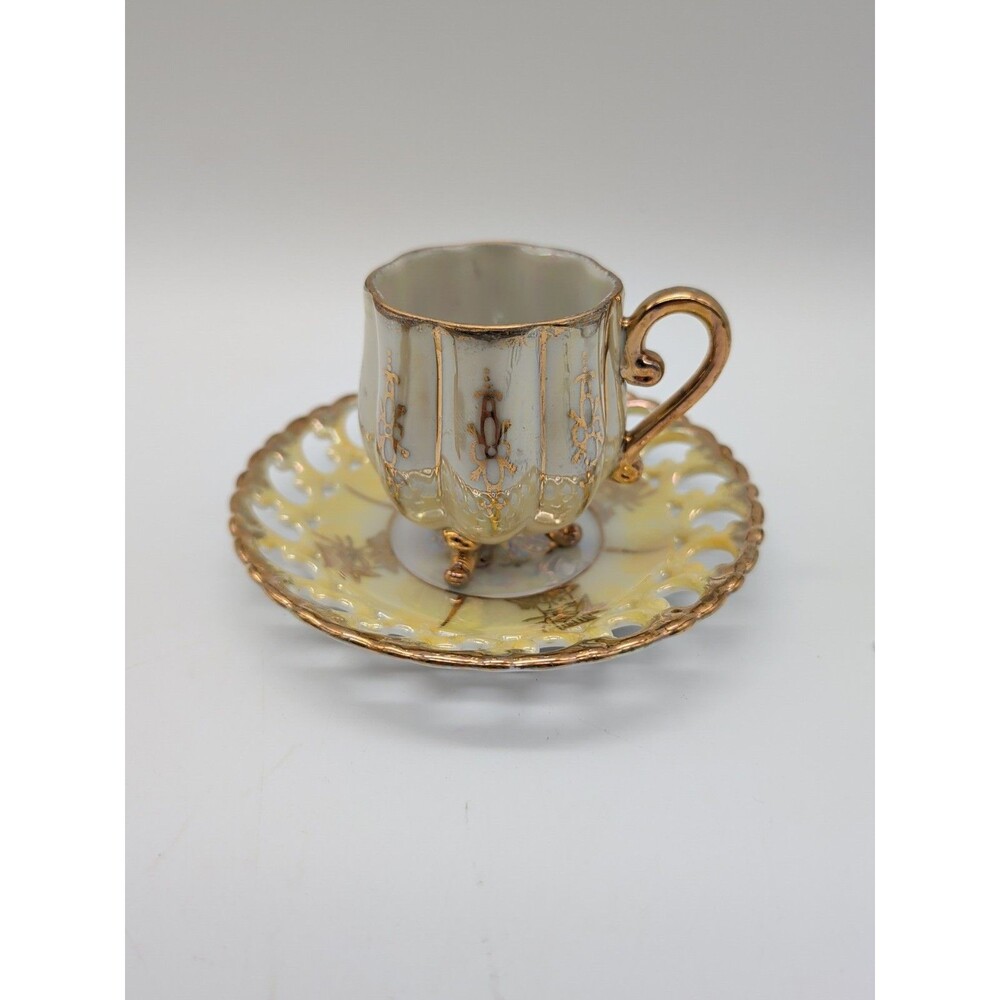 Royal Sealy Japan  Footed Demitasse Cup & Saucer Yellow Lusterware Gold Gilt